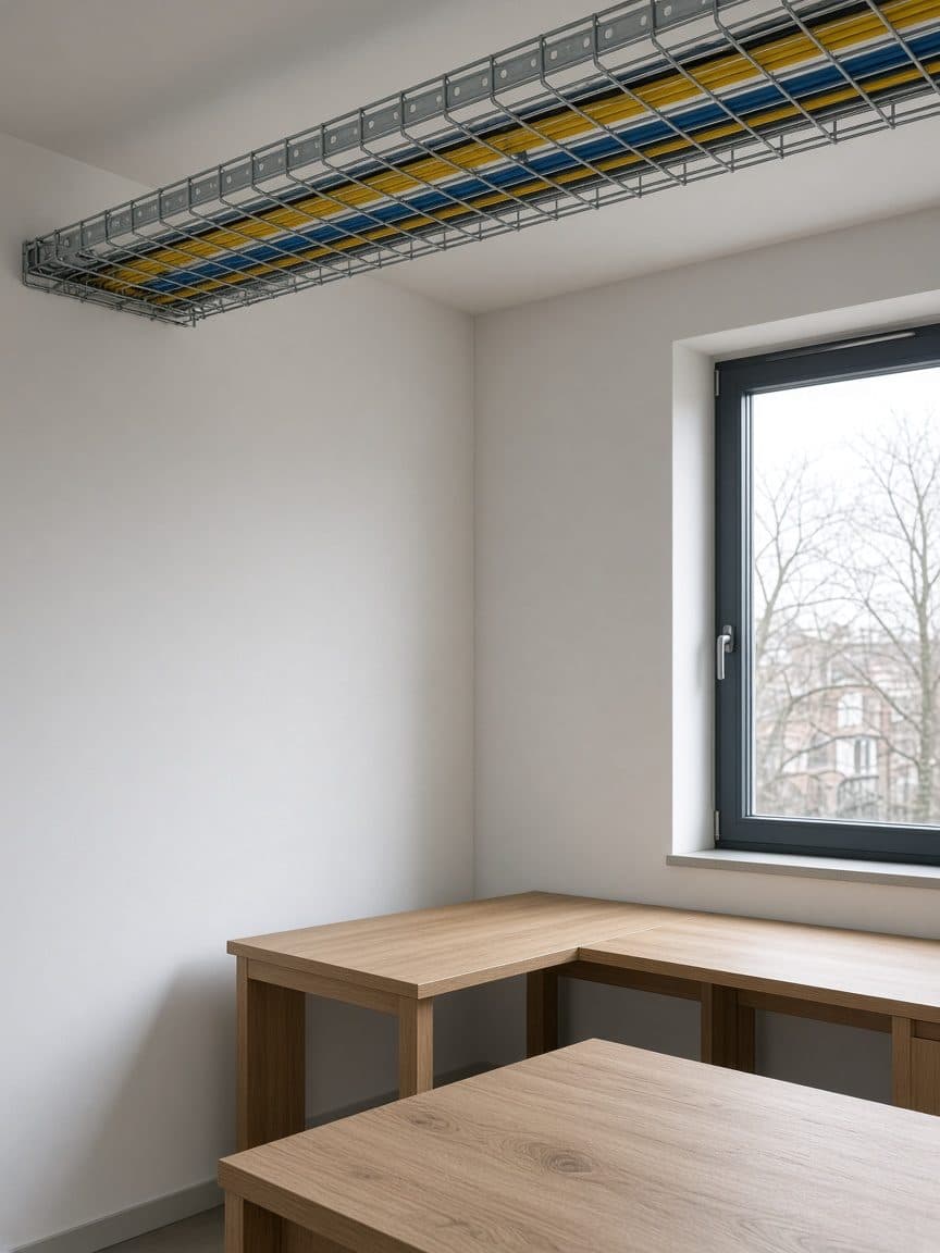 Kabelgoot met voeding en data in een kantoor