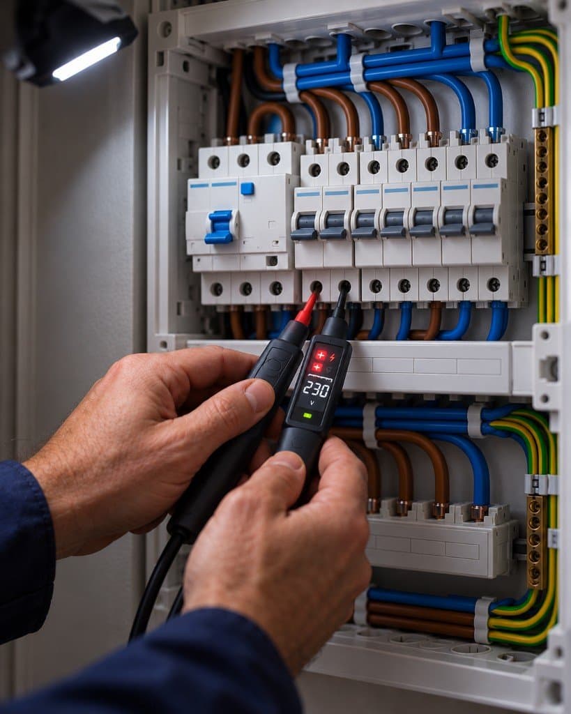 Elektricien meet de spanning in een groepenkast met een spanningzoeker