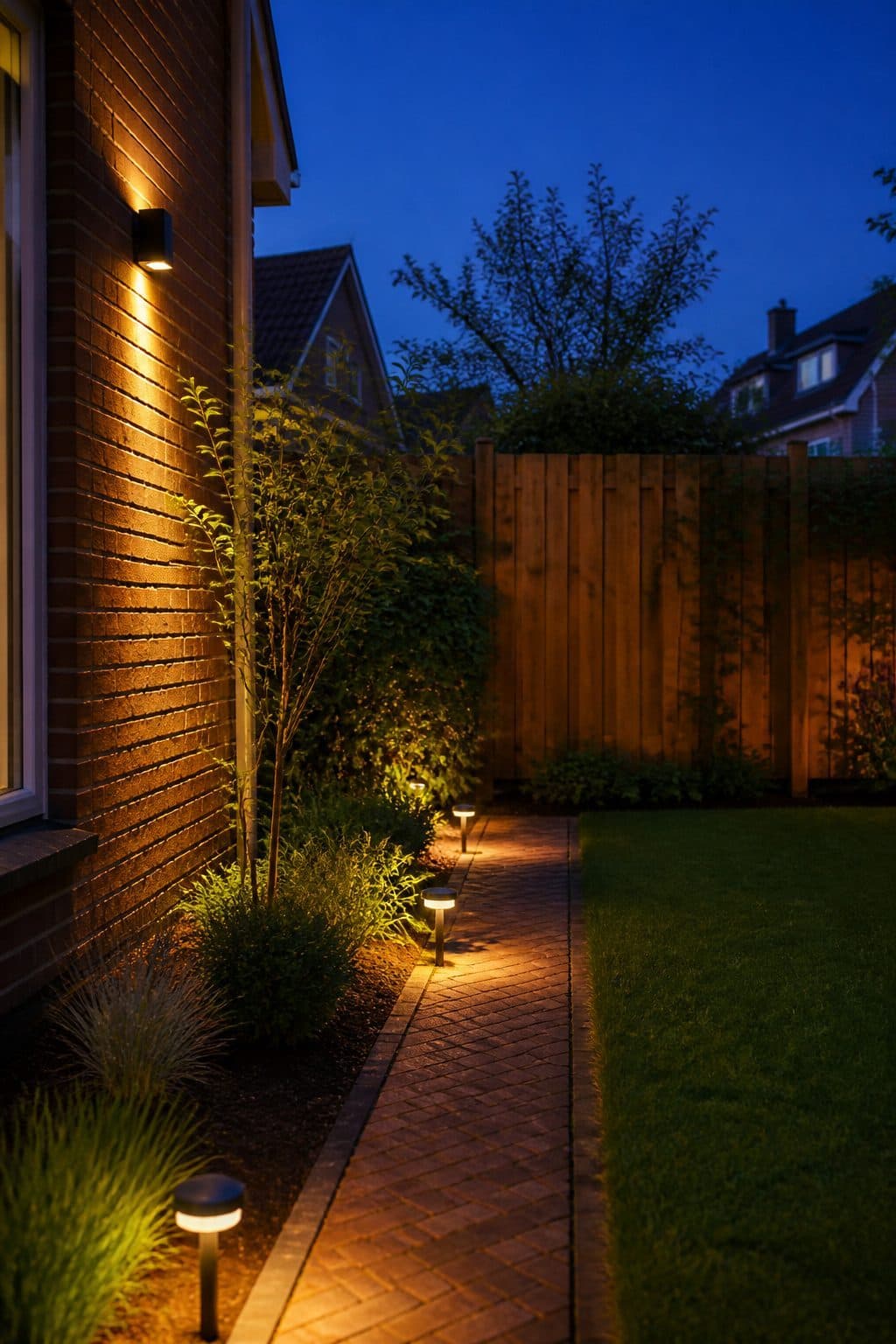 Tuinverlichting langs een pad in de schemer